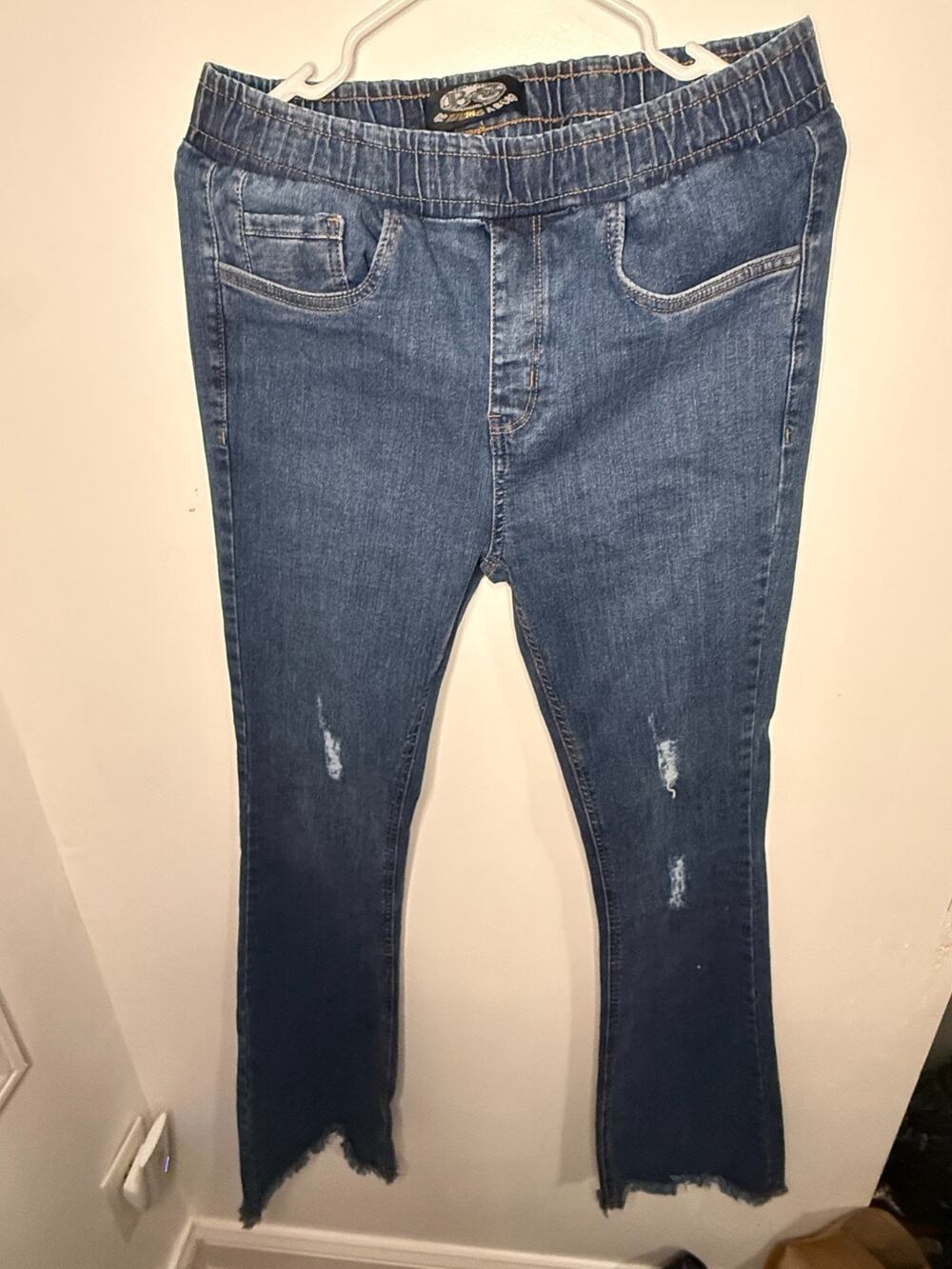 Women’s Bling It On Jeans Medium M Blue Stretch Distressed Raw Hem Pull‑On Jeggi